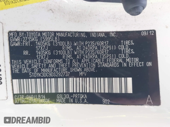 2013 Toyota Sienna XLE AAS with VIN 5TDYK3DC9DS292737, listed as a IAAI auction lot 42160582 with 200,321 mi miles and . Bid and sale history available at DreamBid. Image 9.
