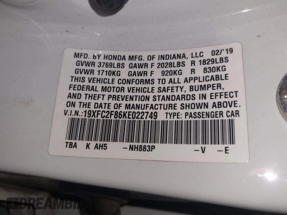 2019 Honda Civic Sport with VIN 19XFC2F86KE022749, listed as a IAAI auction lot 42127993 with 116,279 mi miles and . Bid and sale history available at DreamBid. Image 9.