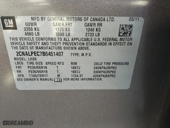 2011 Chevrolet Equinox LT w/2LT with VIN 2CNALPEC7B6451407, listed as a Copart auction lot 54070105 with 82,632 mi miles and Salvage Title. Bid and sale history available at carsss.com. Image 13.