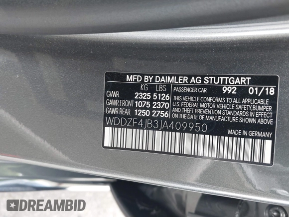 2018 Mercedes-Benz E-Class E 300 with VIN WDDZF4JB3JA409950, listed as a IAAI auction lot 42032598 with 44,381 mi miles. Bid and sale history available at carsss.com. Image 9.