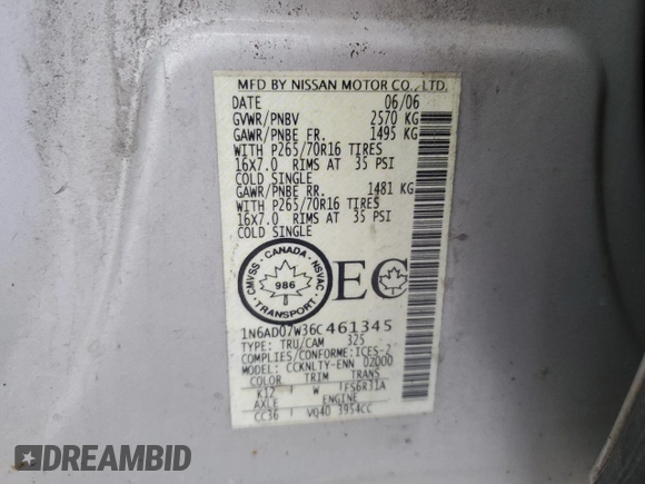 2006 Nissan Frontier LE with VIN 1N6AD07W36C461345, listed as a Copart auction lot 42996135 with 184,417 mi miles and Clean title. Bid and sale history available at DreamBid. Image 13.