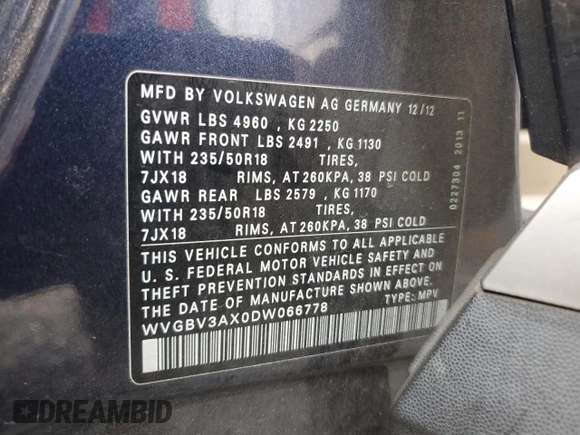 2013 Volkswagen Tiguan S with VIN WVGBV3AX0DW066778, listed as a Copart auction lot 85110984 with 108,027 mi miles and Salvage title. Bid and sale history available at DreamBid. Image 15.