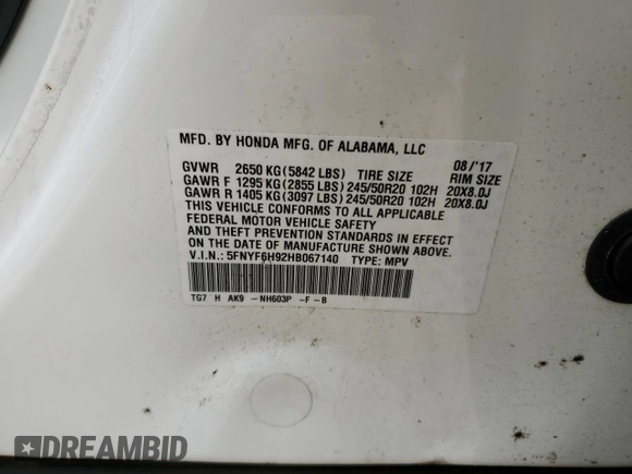 2017 Honda Pilot Touring z VIN 5FNYF6H92HB067140, wystawiony jako Copart lot #72200584 z przebiegiem 127 856 mil mil oraz Szkoda całkowita • Salvage title. Historia ofert i sprzedaży dostępna na DreamBid. Obrazek 16.