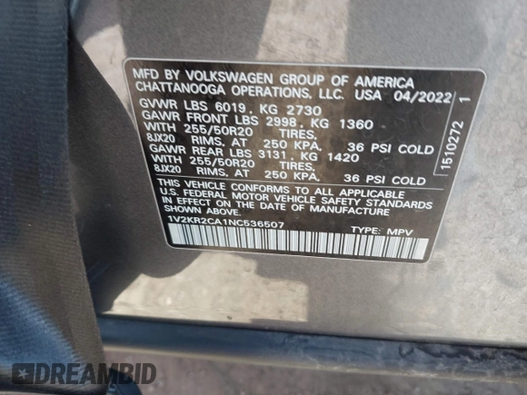 2022 Volkswagen Atlas SE с VIN 1V2KR2CA1NC536507, выставлен на аукционе IAAI как лот 42078077 с пробегом 59 539 миль миль и . История ставок и продаж доступна на DreamBid. Изображение 9.