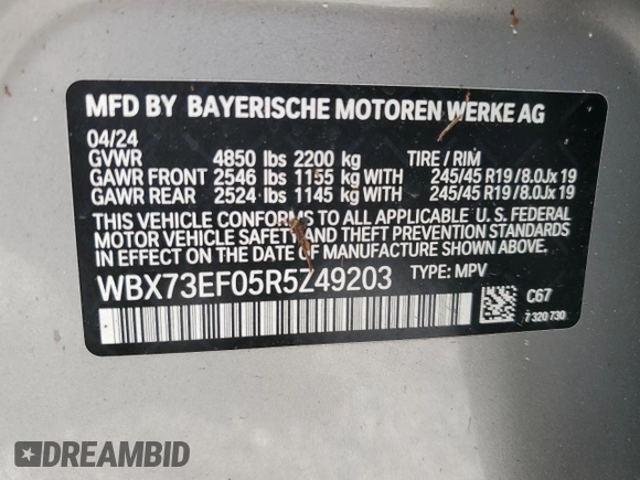 2024 BMW X1 xDrive28i z VIN WBX73EF05R5Z49203, wystawiony jako Copart lot #52685125 z przebiegiem Nie podano mil oraz Nie do naprawy • Non repairable. Historia ofert i sprzedaży dostępna na DreamBid. Obrazek 13.