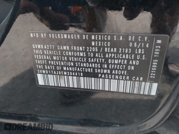 2014 Volkswagen Jetta SE с VIN 3VWD17AJ8EM304418, выставлен на аукционе IAAI как лот 42687062 с пробегом 207 402 миль миль и . История ставок и продаж доступна на DreamBid. Изображение 9.