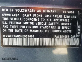 2017 Volkswagen CC R-Line 2.0T Executive with VIN WVWFP7AN3HE503691, listed as a Copart auction lot 67096114 with 128,558 mi miles and Clean Title. Bid and sale history available at carsss.com. Image 12.