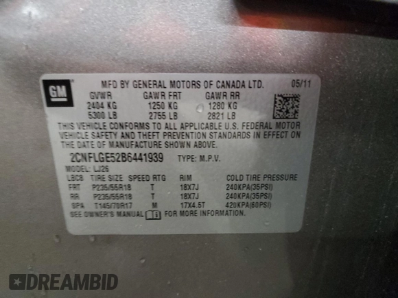2011 Chevrolet Equinox LTZ z VIN 2CNFLGE52B6441939, wystawiony jako Copart lot #56030665 z przebiegiem 101 638 mil mil oraz Szkoda całkowita • Salvage title. Historia ofert i sprzedaży dostępna na DreamBid. Obrazek 13.