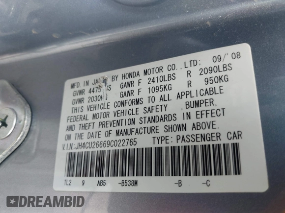 2009 Acura TSX with VIN JH4CU26669C022765, listed as a IAAI auction lot 42531096 with 188,506 mi miles and . Bid and sale history available at DreamBid. Image 9.