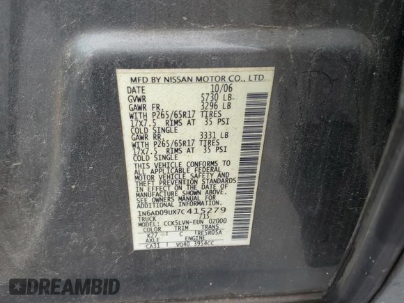 2007 Nissan Frontier SE с VIN 1N6AD09UX7C415279, выставлен на аукционе Copart как лот 61031165 с пробегом Не указан миль и Чистый • Clean title. История ставок и продаж доступна на DreamBid. Изображение 12.