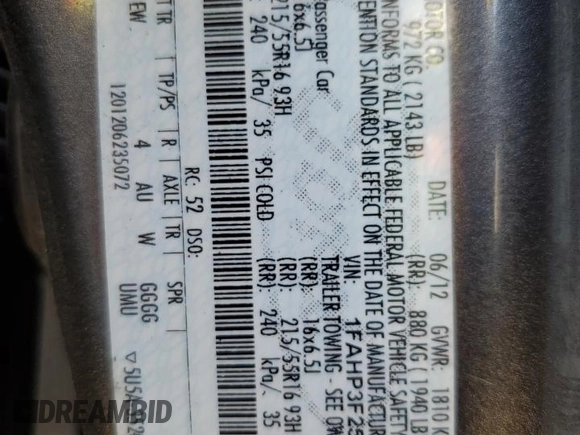 2012 Ford Focus SE с VIN 1FAHP3F25CL465925, выставлен на аукционе Copart как лот 52791905 с пробегом 123 474 миль миль и Списание • Salvage title. История ставок и продаж доступна на DreamBid. Изображение 16.