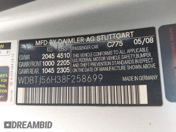 2008 Mercedes-Benz CLK 350 with VIN WDBTJ56H38F258699, listed as a IAAI auction lot 41781579 with 166,754 mi miles and . Bid and sale history available at DreamBid. Image 9.