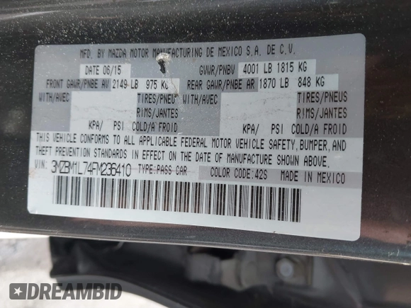 2015 Mazda 3 i Touring with VIN 3MZBM1L74FM236410, listed as a IAAI auction lot 41339253 with 119,731 mi miles and . Bid and sale history available at DreamBid. Image 9.