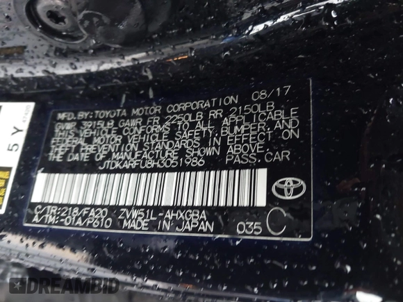 2017 Toyota Prius Two with VIN JTDKARFU8H3051986, listed as a IAAI auction lot 41579576 with 287,322 mi miles. Bid and sale history available at carsss.com. Image 9.