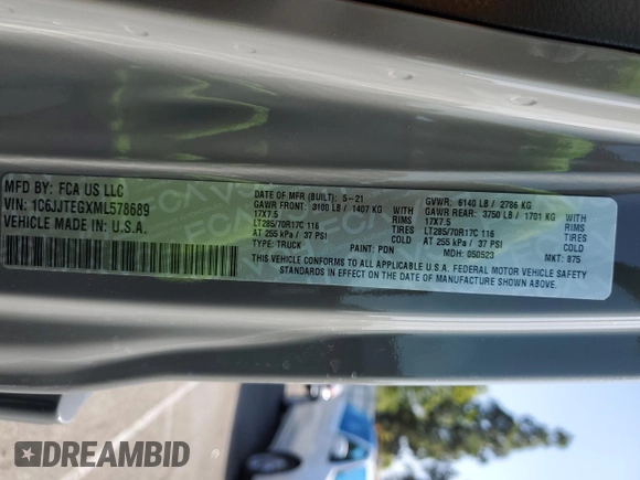 2021 Jeep Gladiator Mojave with VIN 1C6JJTEGXML578689, listed as a Copart auction lot 62963785 with 36,878 mi miles and Salvage title. Bid and sale history available at DreamBid. Image 12.