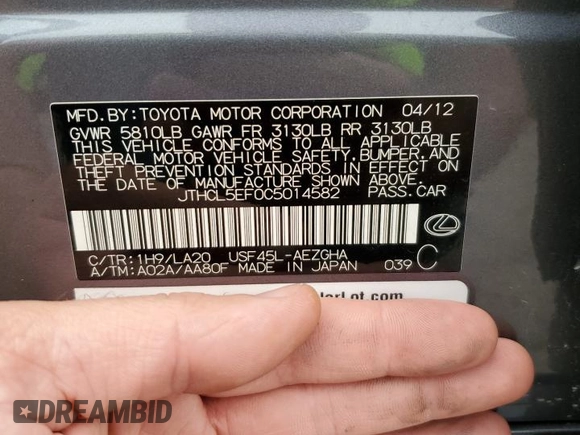 2012 Lexus LS 460 with VIN JTHCL5EF0C5014582, listed as a Copart auction lot 61168325 with 145,708 mi miles and Salvage title. Bid and sale history available at DreamBid. Image 12.