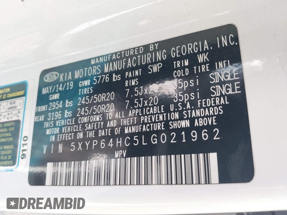 2020 Kia Telluride S with VIN 5XYP64HC5LG021962, listed as a IAAI auction lot 41780255 with 86,763 mi miles and . Bid and sale history available at DreamBid. Image 9.
