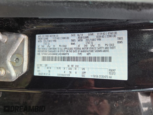 2014 Ford Escape SE with VIN 1FMCU0G96EUE08875, listed as a Copart auction lot 54764395 with 1 mi miles and Clean Title. Bid and sale history available at carsss.com. Image 10.