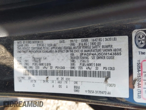 2013 Ford Fiesta S z VIN 3FADP4AJ5DM143885, wystawiony jako IAAI lot #42743132 z przebiegiem Nie podano mil oraz . Historia ofert i sprzedaży dostępna na DreamBid. Obrazek 9.