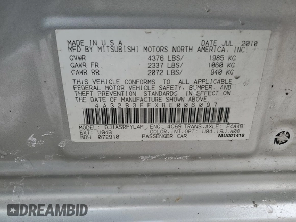 2011 Mitsubishi Galant ES with VIN 4A32B3FFXBE006097, listed as a Copart auction lot 46103215 with 149,494 mi miles and Salvage Title. Bid and sale history available at carsss.com. Image 12.