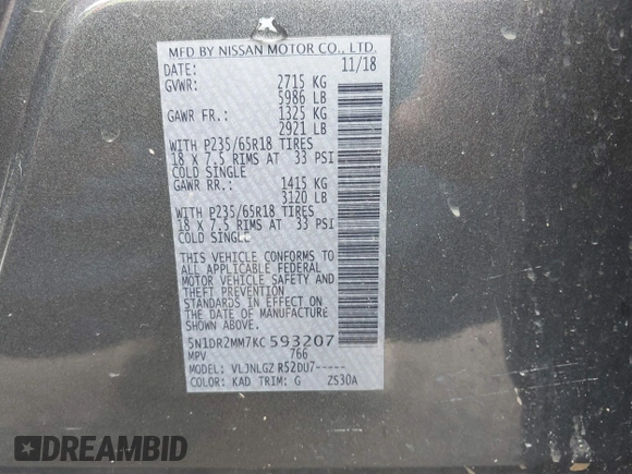 2019 Nissan Pathfinder S z VIN 5N1DR2MM7KC593207, wystawiony jako IAAI lot #41639401 z przebiegiem 71 494 mil mil oraz . Historia ofert i sprzedaży dostępna na DreamBid. Obrazek 9.