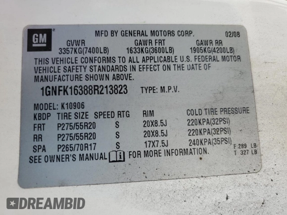 2008 Chevrolet Suburban LTZ with VIN 1GNFK16388R213823, listed as a Copart auction lot 57807615 with 329,193 mi miles and Clean title. Bid and sale history available at DreamBid. Image 13.