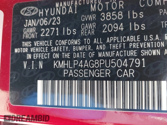 2023 Hyundai Elantra Limited z VIN KMHLP4AG8PU504791, wystawiony jako IAAI lot #42016405 z przebiegiem 22 916 mil mil oraz . Historia ofert i sprzedaży dostępna na DreamBid. Obrazek 9.