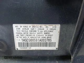 2001 Honda Accord LX with VIN 1HGCG66591A003765, listed as a IAAI auction lot 42049488 with 166,214 mi miles and . Bid and sale history available at DreamBid. Image 9.