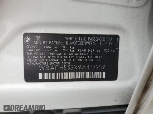 2009 BMW 3 Series 328i with VIN WBAPH535X9A437259, listed as a Copart auction lot 52647055 with 97,704 mi miles and Salvage title. Bid and sale history available at DreamBid. Image 13.