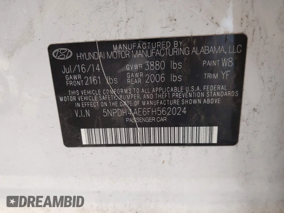 2015 Hyundai Elantra SE with VIN 5NPDH4AE6FH562024, listed as a IAAI auction lot 41065007 with 71,137 mi miles and . Bid and sale history available at DreamBid. Image 9.