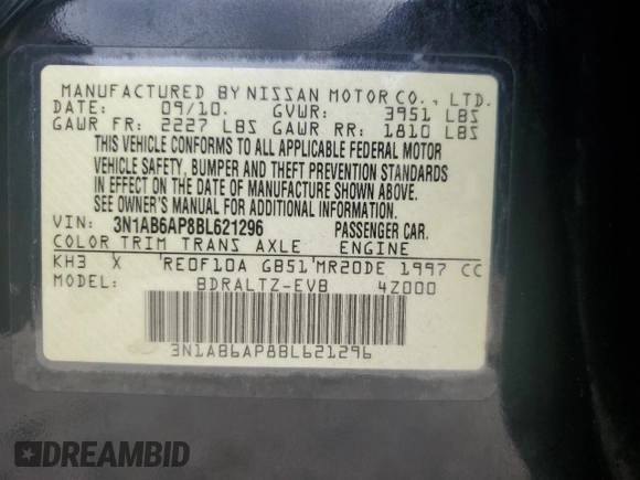 2011 Nissan Sentra SL with VIN 3N1AB6AP8BL621296, listed as a Copart auction lot 76491444 with 133,328 mi miles and Salvage Title. Bid and sale history available at DreamBid. Image 12.