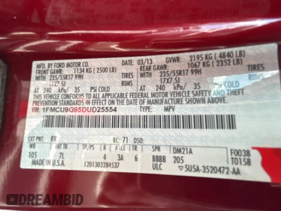 2013 Ford Escape SE with VIN 1FMCU9G95DUD25554, listed as a Copart auction lot 58242885 with Not provided miles and Clean title. Bid and sale history available at DreamBid. Image 10.