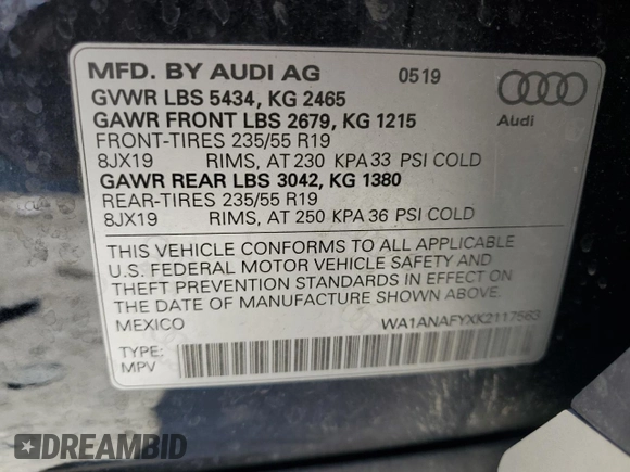 2019 Audi Q5 Premium with VIN WA1ANAFYXK2117563, listed as a Copart auction lot 61355445 with 49,209 mi miles and Salvage title. Bid and sale history available at DreamBid. Image 13.