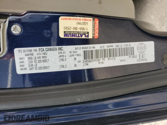 2015 Dodge Grand Caravan SE with VIN 2C4RDGBG5FR747087, listed as a Copart auction lot 50343765 with 195,018 mi miles and Salvage Title. Bid and sale history available at DreamBid. Image 13.