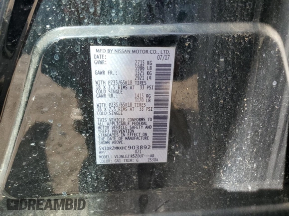 2017 Nissan Pathfinder SL with VIN 5N1DR2MMXHC903892, listed as a Copart auction lot 51174895 with 133,868 mi miles and Salvage Title. Bid and sale history available at DreamBid. Image 14.