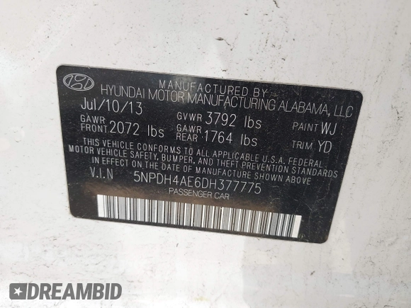 2013 Hyundai Elantra GLS with VIN 5NPDH4AE6DH377775, listed as a IAAI auction lot 42394868 with 106,139 mi miles and . Bid and sale history available at DreamBid. Image 9.