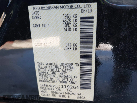 2020 Nissan Altima 2.5 SR with VIN 1N4BL4CV3LC119264, listed as a IAAI auction lot 41593154 with 74,808 mi miles. Bid and sale history available at carsss.com. Image 9.
