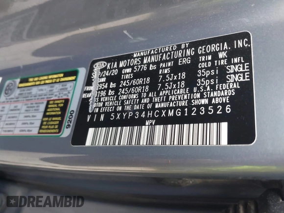 2021 Kia Telluride EX with VIN 5XYP34HCXMG123526, listed as a IAAI auction lot 41842912 with 54,675 mi miles and . Bid and sale history available at DreamBid. Image 9.