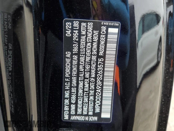 2023 Porsche 911 Turbo with VIN WP0CD2A93PS263575, listed as a Copart auction lot 41777665 with 0 mi miles and Salvage Title. Bid and sale history available at carsss.com. Image 12.