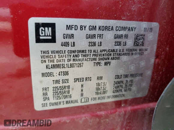 2020 Buick Encore GX Select with VIN KL4MMESL1LB071267, listed as a Copart auction lot 58472575 with 55,686 mi miles and Non repairable. Bid and sale history available at DreamBid. Image 14.