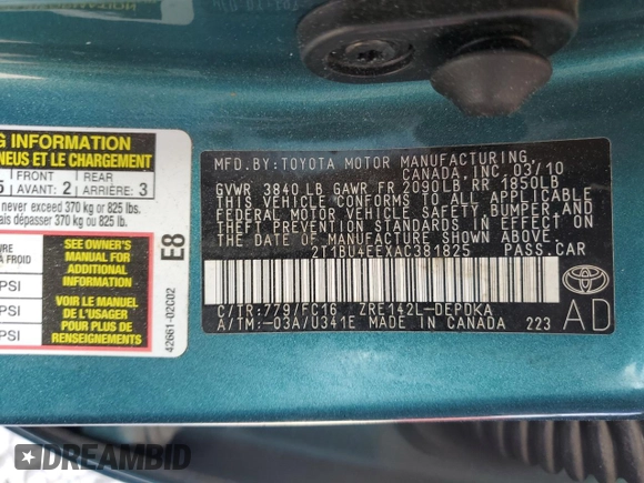 2010 Toyota Corolla with VIN 2T1BU4EEXAC381825, listed as a Copart auction lot 53634555 with 134,219 mi miles and Salvage Title. Bid and sale history available at carsss.com. Image 12.