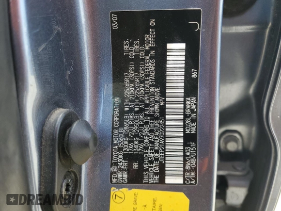 2007 Toyota Highlander w/3rd Row z VIN JTEEP21A970222451, wystawiony jako Copart lot #58926825 z przebiegiem 193 433 mil mil oraz Szkoda całkowita • Salvage title. Historia ofert i sprzedaży dostępna na DreamBid. Obrazek 14.