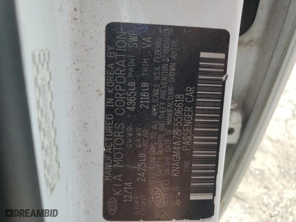 2015 Kia Optima LX with VIN KNAGM4A78F5596618, listed as a Copart auction lot 63429614 with 79,839 mi miles and Salvage Title. Bid and sale history available at carsss.com. Image 14.