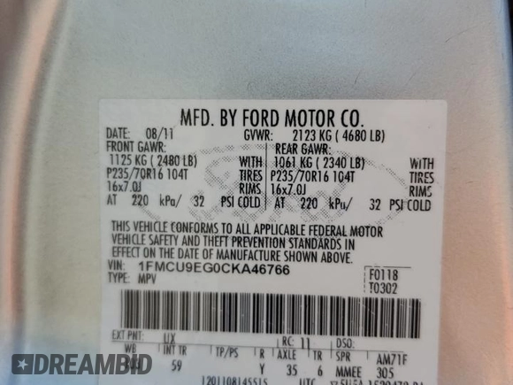 2012 Ford Escape Limited with VIN 1FMCU9EG0CKA46766, listed as a Copart auction lot 56142215 with 171,080 mi miles and Clean Title. Bid and sale history available at DreamBid. Image 13.