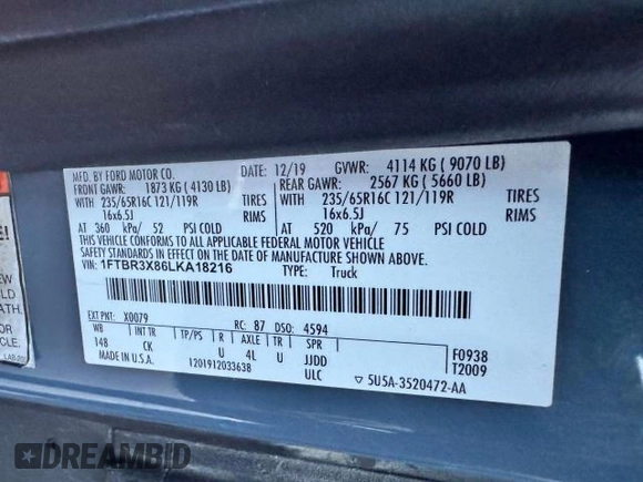 2020 Ford Transit Cargo with VIN 1FTBR3X86LKA18216, listed as a Copart auction lot 43860885 with 70,165 mi miles and Salvage Title. Bid and sale history available at carsss.com. Image 10.