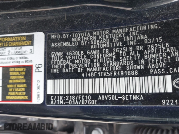 2015 Toyota Camry XLE with VIN 4T4BF1FK5FR491688, listed as a IAAI auction lot 42189497 with 135,126 mi miles and . Bid and sale history available at DreamBid. Image 9.