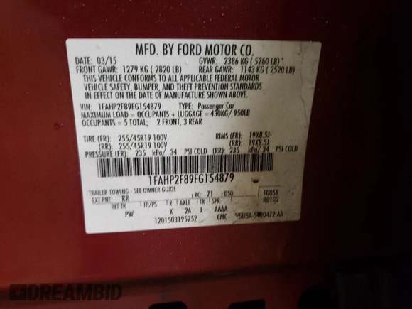 2015 Ford Taurus Limited with VIN 1FAHP2F89FG154879, listed as a Copart auction lot 47298375 with 142,577 mi miles and Salvage Title. Bid and sale history available at DreamBid. Image 12.