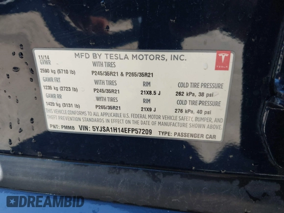 2014 Tesla Model S 60 with VIN 5YJSA1H14EFP57209, listed as a IAAI auction lot 41305157 with 141,364 mi miles and . Bid and sale history available at DreamBid. Image 9.