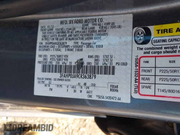 2012 Ford Fusion SEL with VIN 3FAHP0JA9CR363879, listed as a IAAI auction lot 42666264 with 201,958 mi miles and . Bid and sale history available at DreamBid. Image 9.