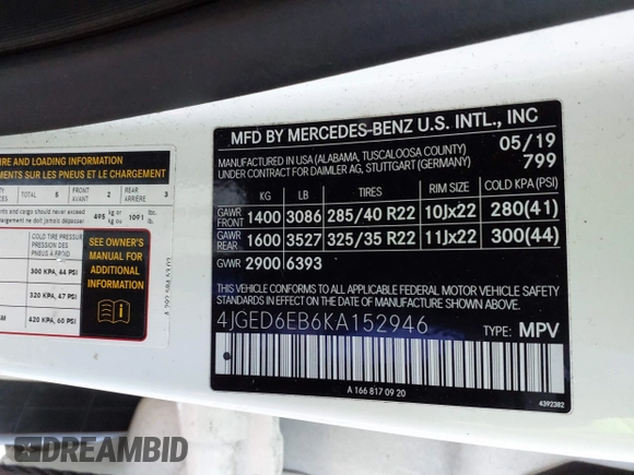 2019 Mercedes-Benz GLE 43 AMG with VIN 4JGED6EB6KA152946, listed as a IAAI auction lot 41453154 with 77,887 mi miles and . Bid and sale history available at DreamBid. Image 9.
